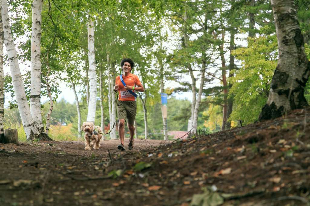 森林の中を愛犬と走るトレイルランニング