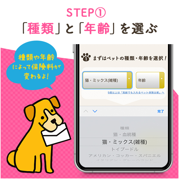 ①ペットの「種類・年齢」を選択