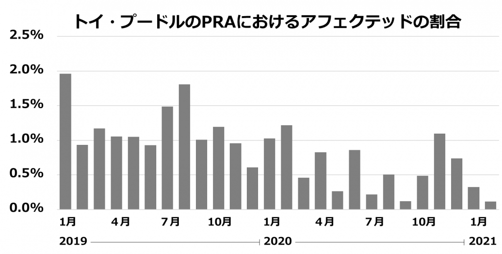 トイ・プードルにPRAにおけるアフェクテッドの場合